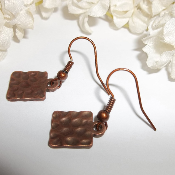 Boho Copper Earrings Dangle Hammered Metal Square Minimalist Style Dangle 3683 - Picture 5 of 7